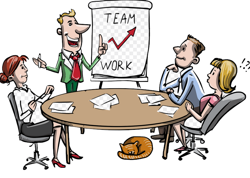 cartoon of four people having a meeting about teamwork.
Pixabay license